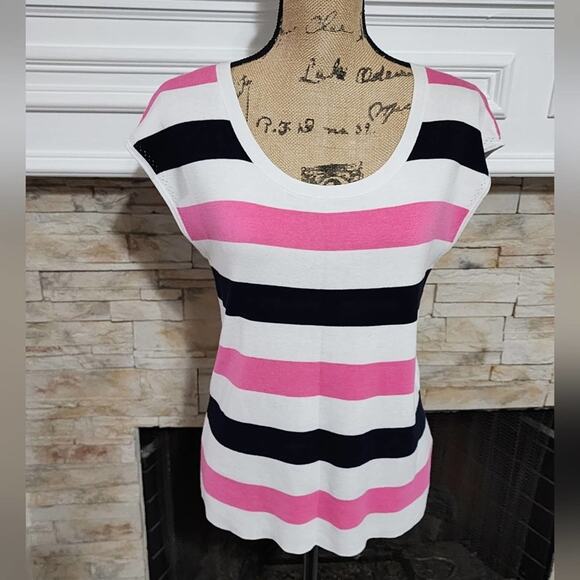 Talbots pink white and black‎ striped lightweight sweater size LP petite - Picture 1 of 5